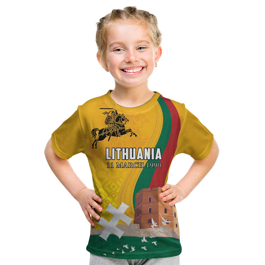 Personalized Lithuania Independence Restoration Day Kid T Shirt Gediminas Tower Flag Style