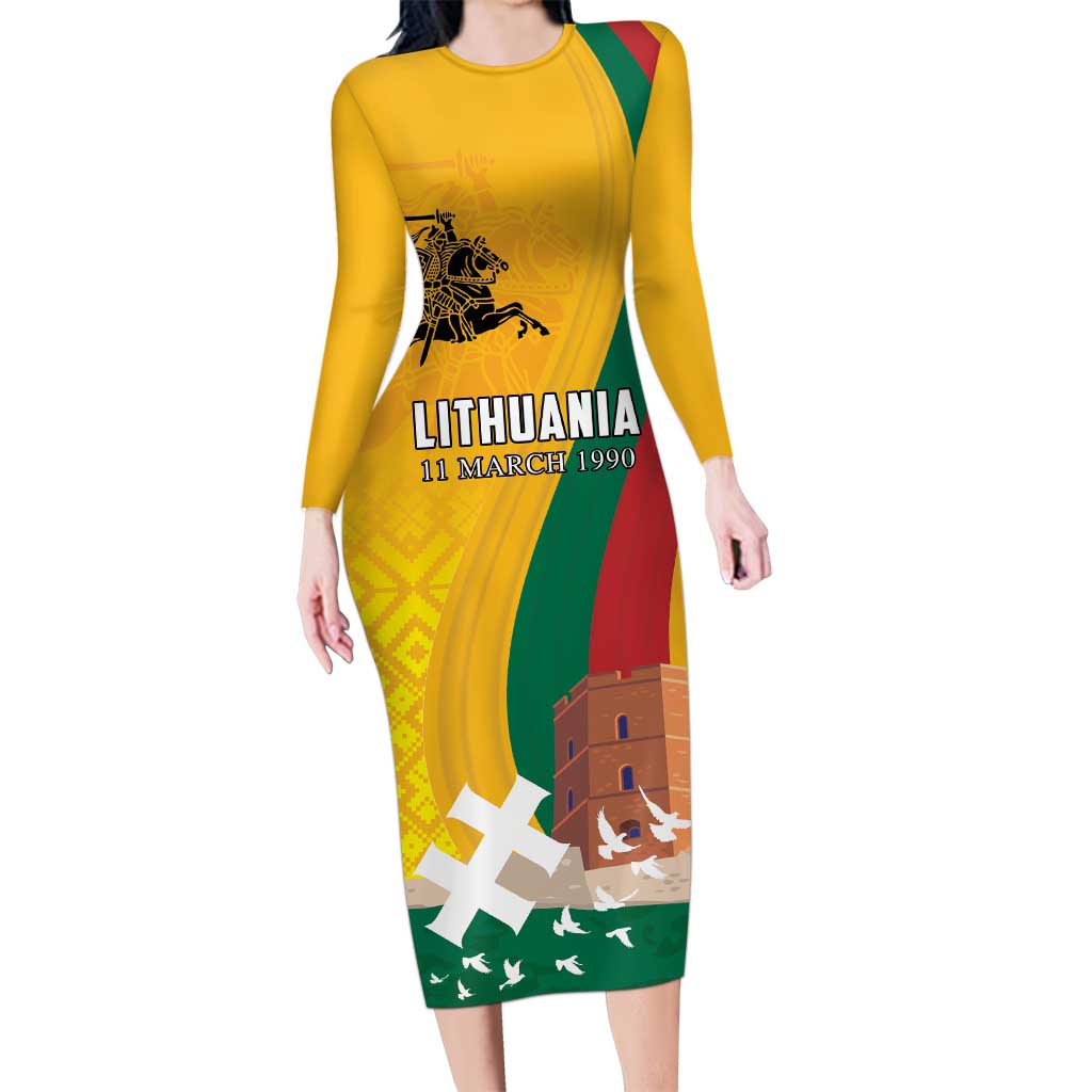 Personalized Lithuania Independence Restoration Day Long Sleeve Bodycon Dress Gediminas Tower Flag Style