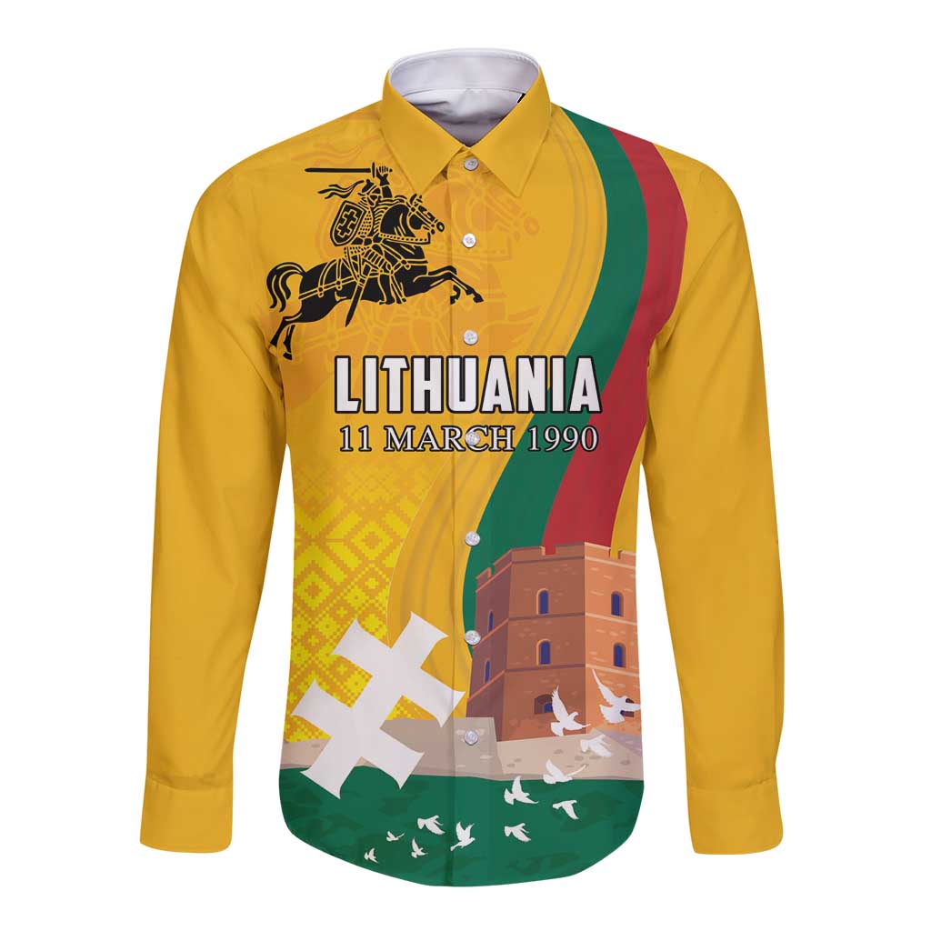 Personalized Lithuania Independence Restoration Day Long Sleeve Button Shirt Gediminas Tower Flag Style