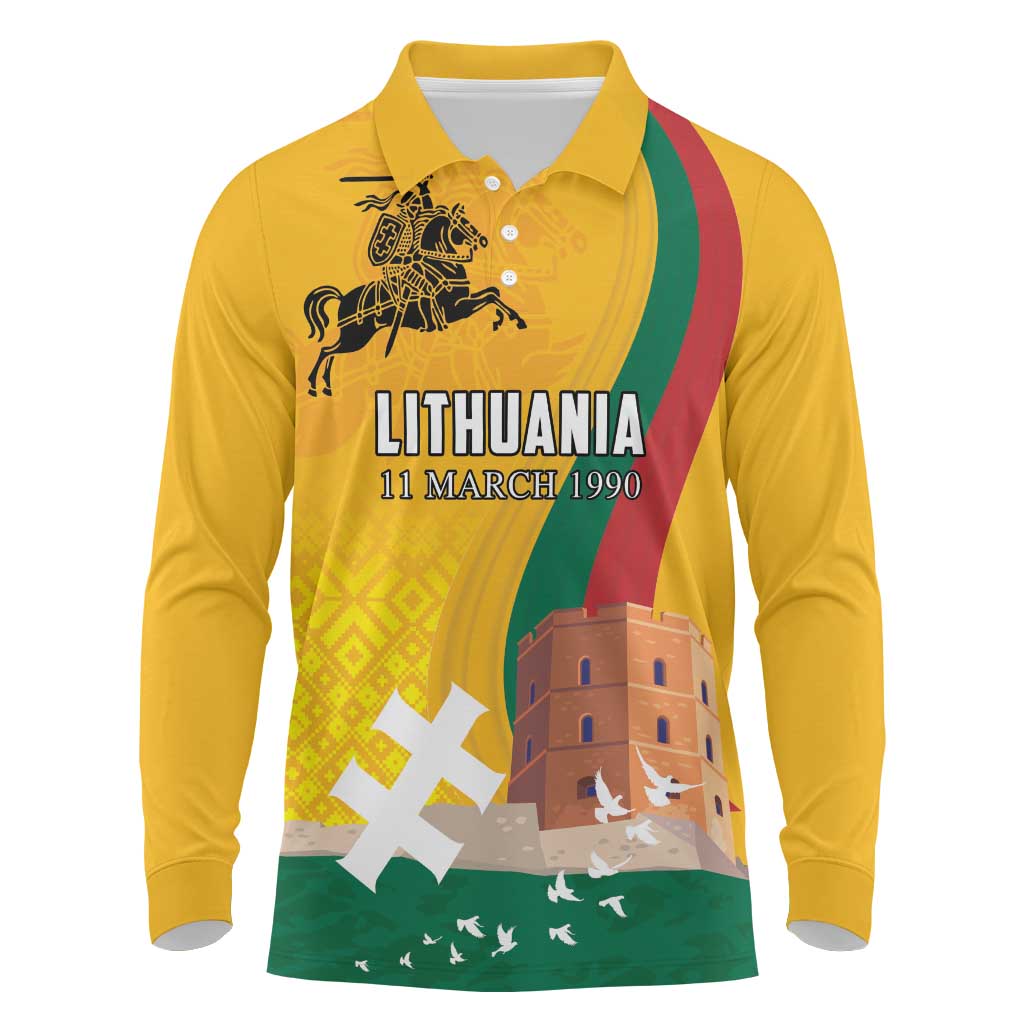 Personalized Lithuania Independence Restoration Day Long Sleeve Polo Shirt Gediminas Tower Flag Style