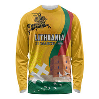 Yellow long-sleeve shirt with Lithuania flag print and Gediminas tower graphic, front view