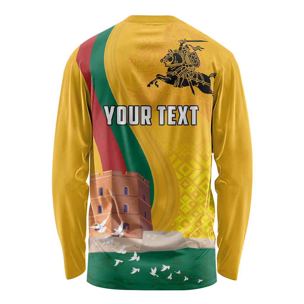 Yellow long-sleeve shirt with flag graphic, Gediminas tower, and 'YOUR TEXT' on back
