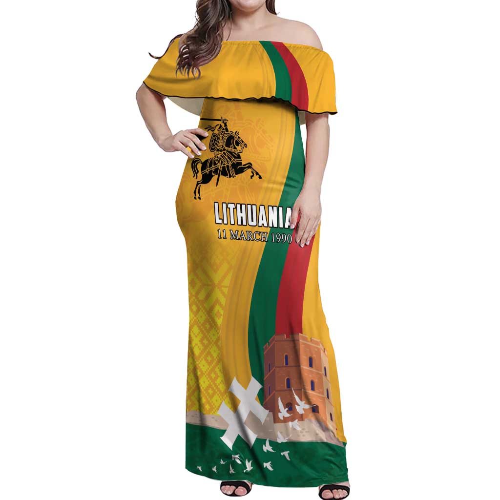 Personalized Lithuania Independence Restoration Day Off Shoulder Maxi Dress Gediminas Tower Flag Style