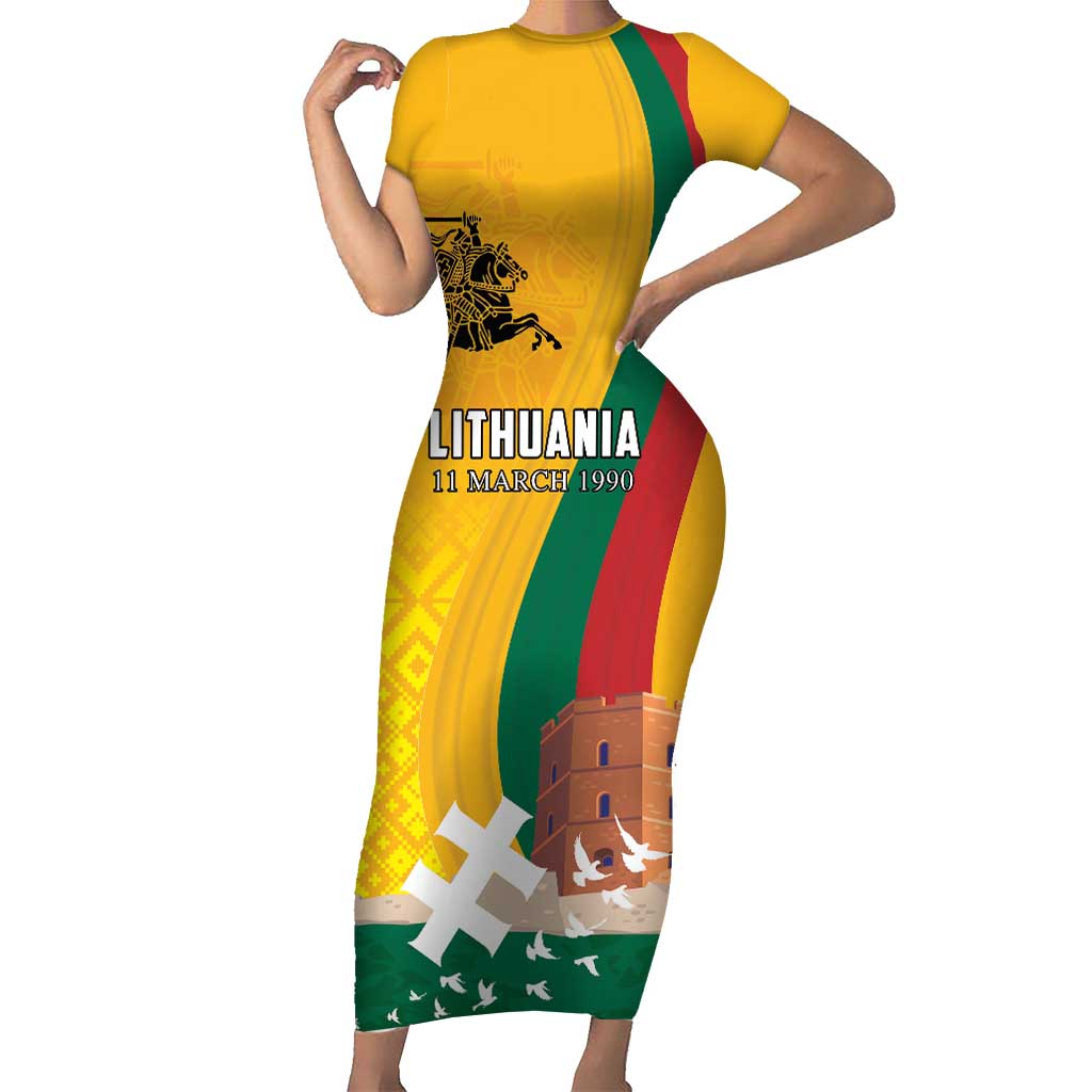 Personalized Lithuania Independence Restoration Day Short Sleeve Bodycon Dress Gediminas Tower Flag Style