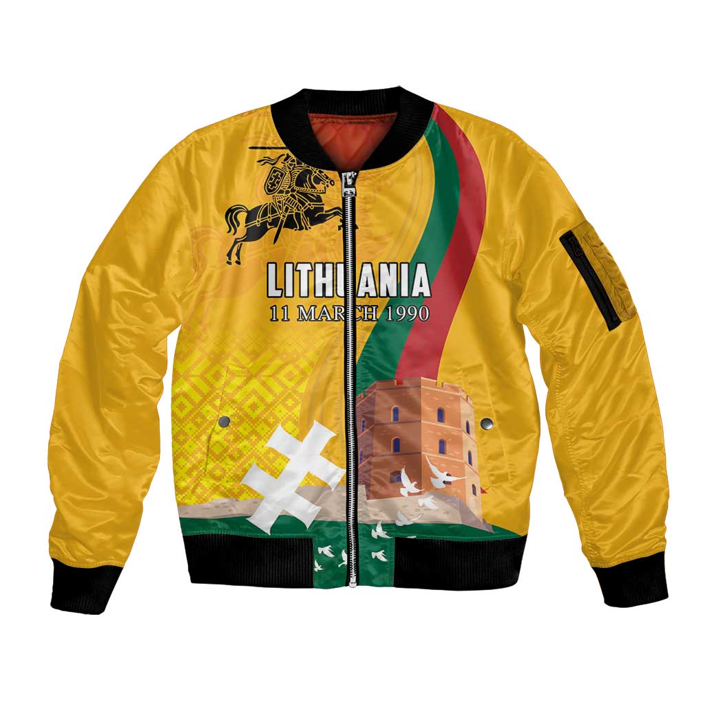 Personalized Lithuania Independence Restoration Day Sleeve Zip Bomber Jacket Gediminas Tower Flag Style