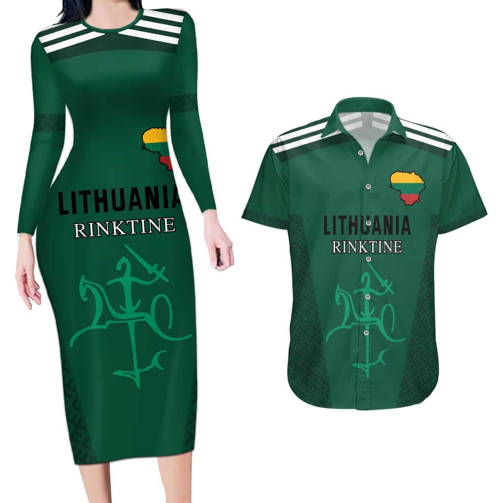 Custom Lithuania Football Couples Matching Long Sleeve Bodycon Dress and Hawaiian Shirt Vytis Lithuanian Lietuva Green Version