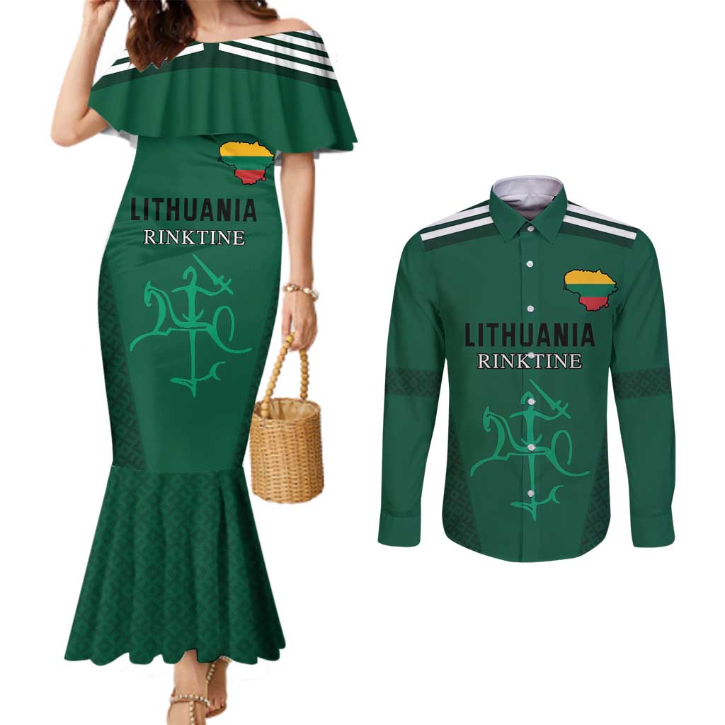 Custom Lithuania Football Couples Matching Mermaid Dress and Long Sleeve Button Shirt Vytis Lithuanian Lietuva Green Version