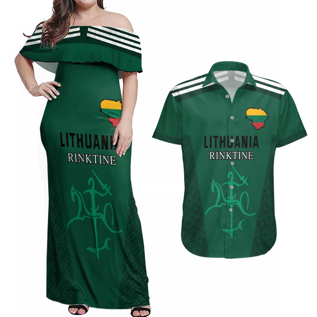 Custom Lithuania Football Couples Matching Off Shoulder Maxi Dress and Hawaiian Shirt Vytis Lithuanian Lietuva Green Version