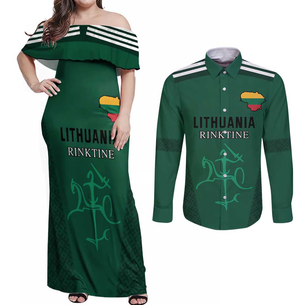 Custom Lithuania Football Couples Matching Off Shoulder Maxi Dress and Long Sleeve Button Shirt Vytis Lithuanian Lietuva Green Version