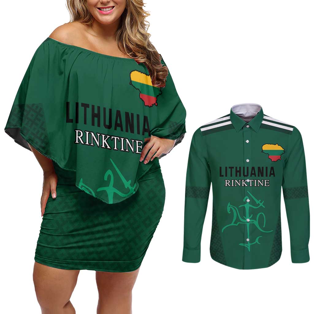 Custom Lithuania Football Couples Matching Off Shoulder Short Dress and Long Sleeve Button Shirt Vytis Lithuanian Lietuva Green Version