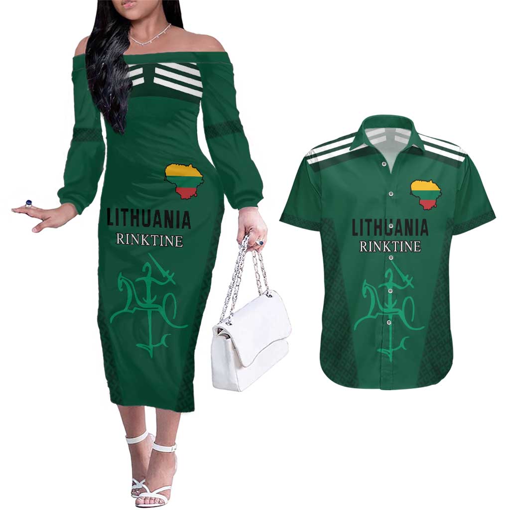 Custom Lithuania Football Couples Matching Off The Shoulder Long Sleeve Dress and Hawaiian Shirt Vytis Lithuanian Lietuva Green Version