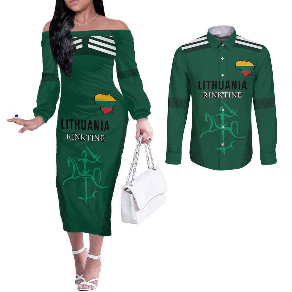 Custom Lithuania Football Couples Matching Off The Shoulder Long Sleeve Dress and Long Sleeve Button Shirt Vytis Lithuanian Lietuva Green Version