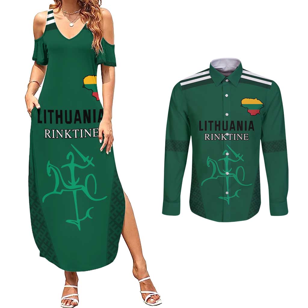 Custom Lithuania Football Couples Matching Summer Maxi Dress and Long Sleeve Button Shirt Vytis Lithuanian Lietuva Green Version