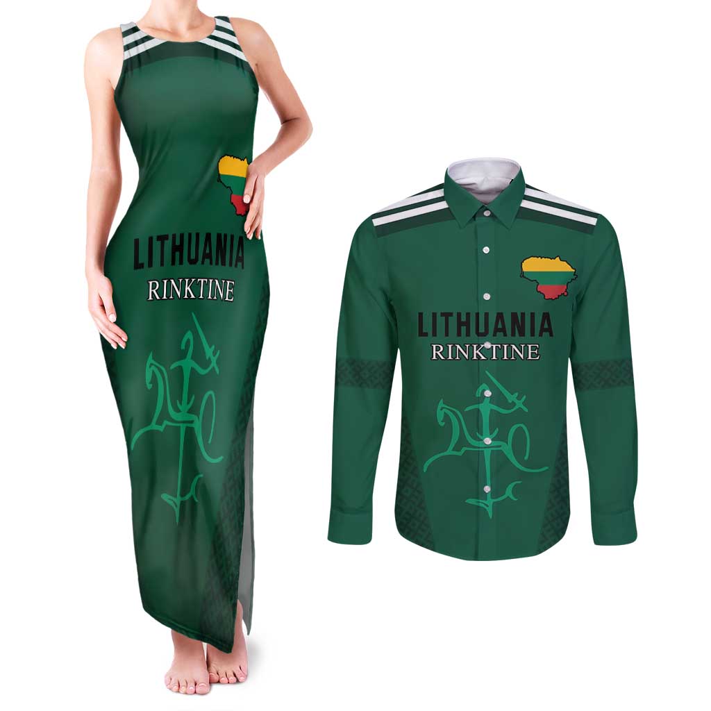 Custom Lithuania Football Couples Matching Tank Maxi Dress and Long Sleeve Button Shirt Vytis Lithuanian Lietuva Green Version