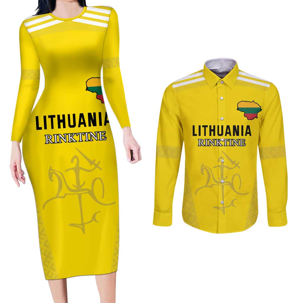 Custom Lithuania Football Couples Matching Long Sleeve Bodycon Dress and Long Sleeve Button Shirt Vytis Lithuanian Lietuva Yellow Version