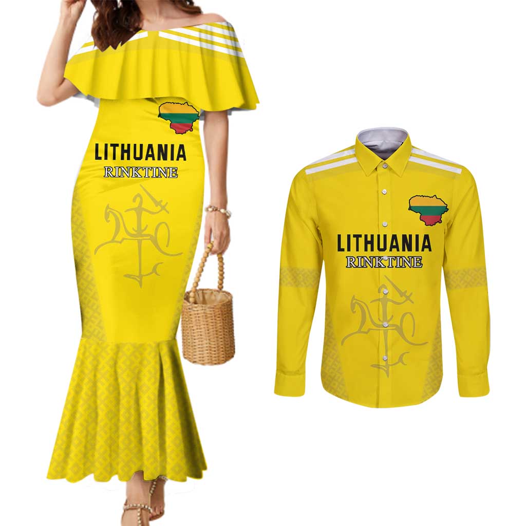 Custom Lithuania Football Couples Matching Mermaid Dress and Long Sleeve Button Shirt Vytis Lithuanian Lietuva Yellow Version