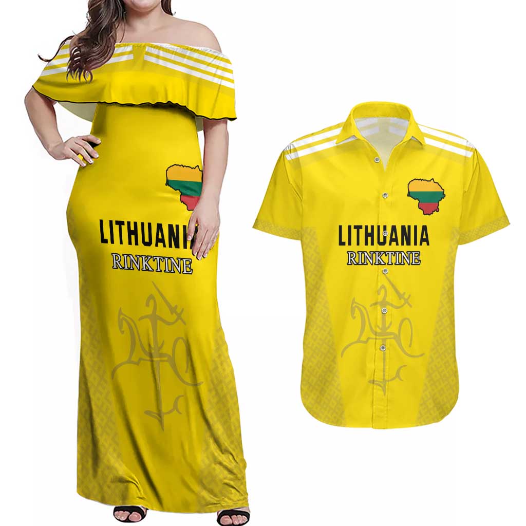 Custom Lithuania Football Couples Matching Off Shoulder Maxi Dress and Hawaiian Shirt Vytis Lithuanian Lietuva Yellow Version