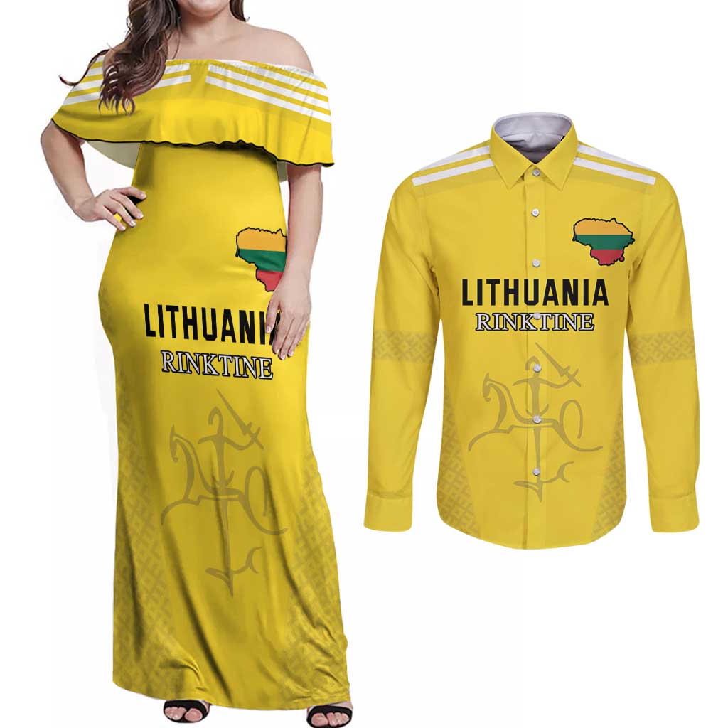 Custom Lithuania Football Couples Matching Off Shoulder Maxi Dress and Long Sleeve Button Shirt Vytis Lithuanian Lietuva Yellow Version