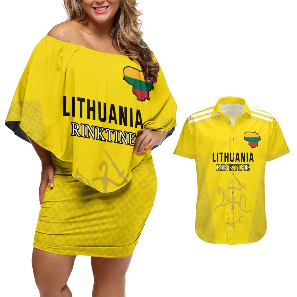 Custom Lithuania Football Couples Matching Off Shoulder Short Dress and Hawaiian Shirt Vytis Lithuanian Lietuva Yellow Version