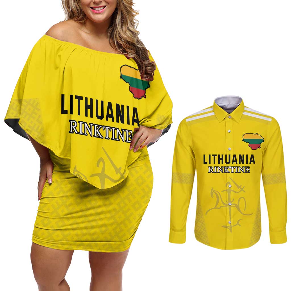 Custom Lithuania Football Couples Matching Off Shoulder Short Dress and Long Sleeve Button Shirt Vytis Lithuanian Lietuva Yellow Version