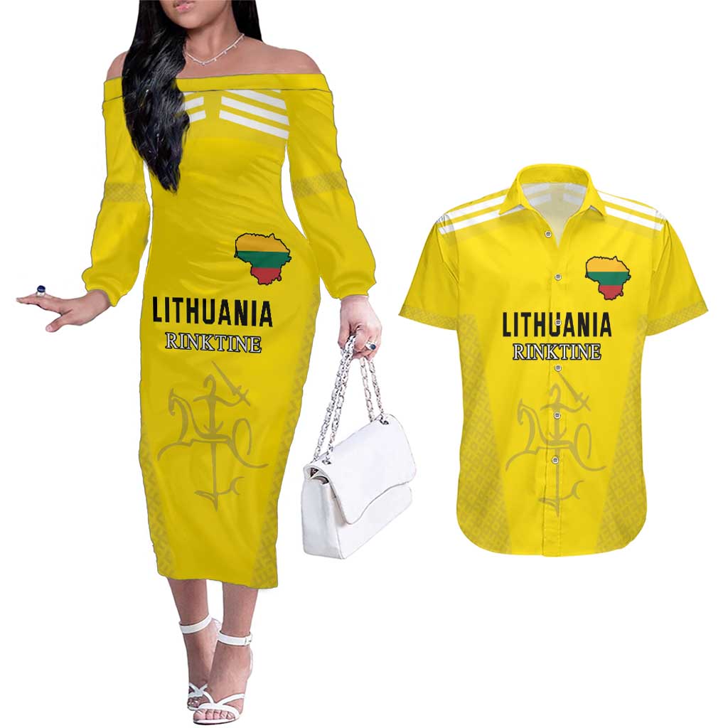 Custom Lithuania Football Couples Matching Off The Shoulder Long Sleeve Dress and Hawaiian Shirt Vytis Lithuanian Lietuva Yellow Version