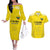 Custom Lithuania Football Couples Matching Off The Shoulder Long Sleeve Dress and Hawaiian Shirt Vytis Lithuanian Lietuva Yellow Version