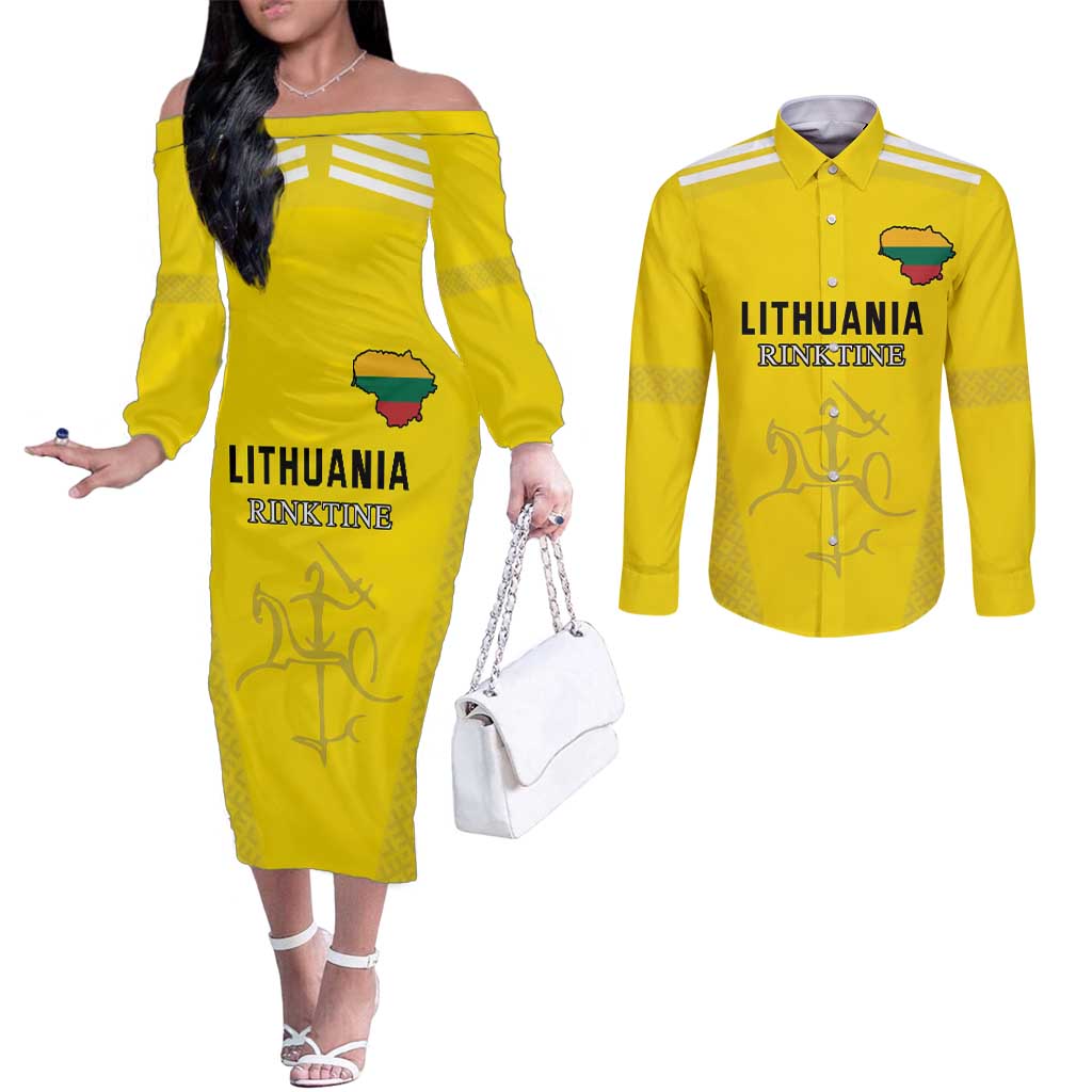 Custom Lithuania Football Couples Matching Off The Shoulder Long Sleeve Dress and Long Sleeve Button Shirt Vytis Lithuanian Lietuva Yellow Version