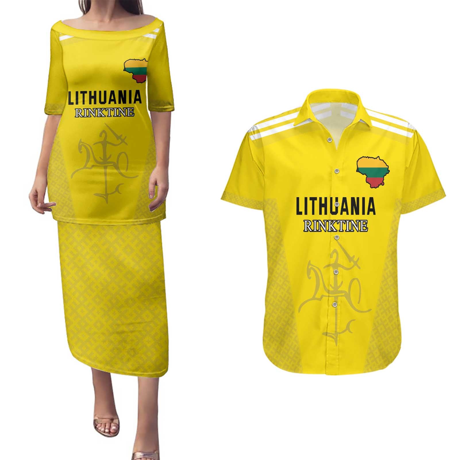 Custom Lithuania Football Couples Matching Puletasi and Hawaiian Shirt Vytis Lithuanian Lietuva Yellow Version