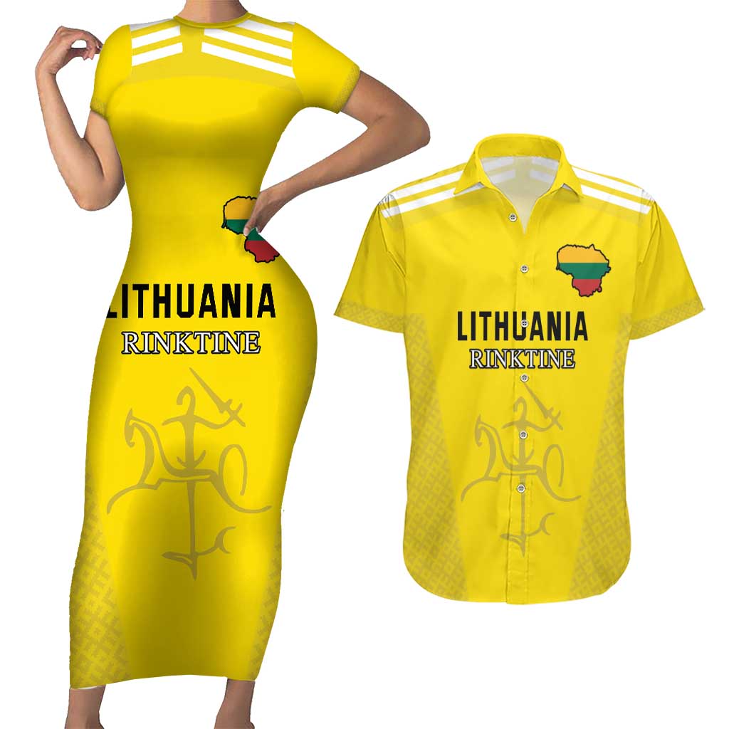 Custom Lithuania Football Couples Matching Short Sleeve Bodycon Dress and Hawaiian Shirt Vytis Lithuanian Lietuva Yellow Version