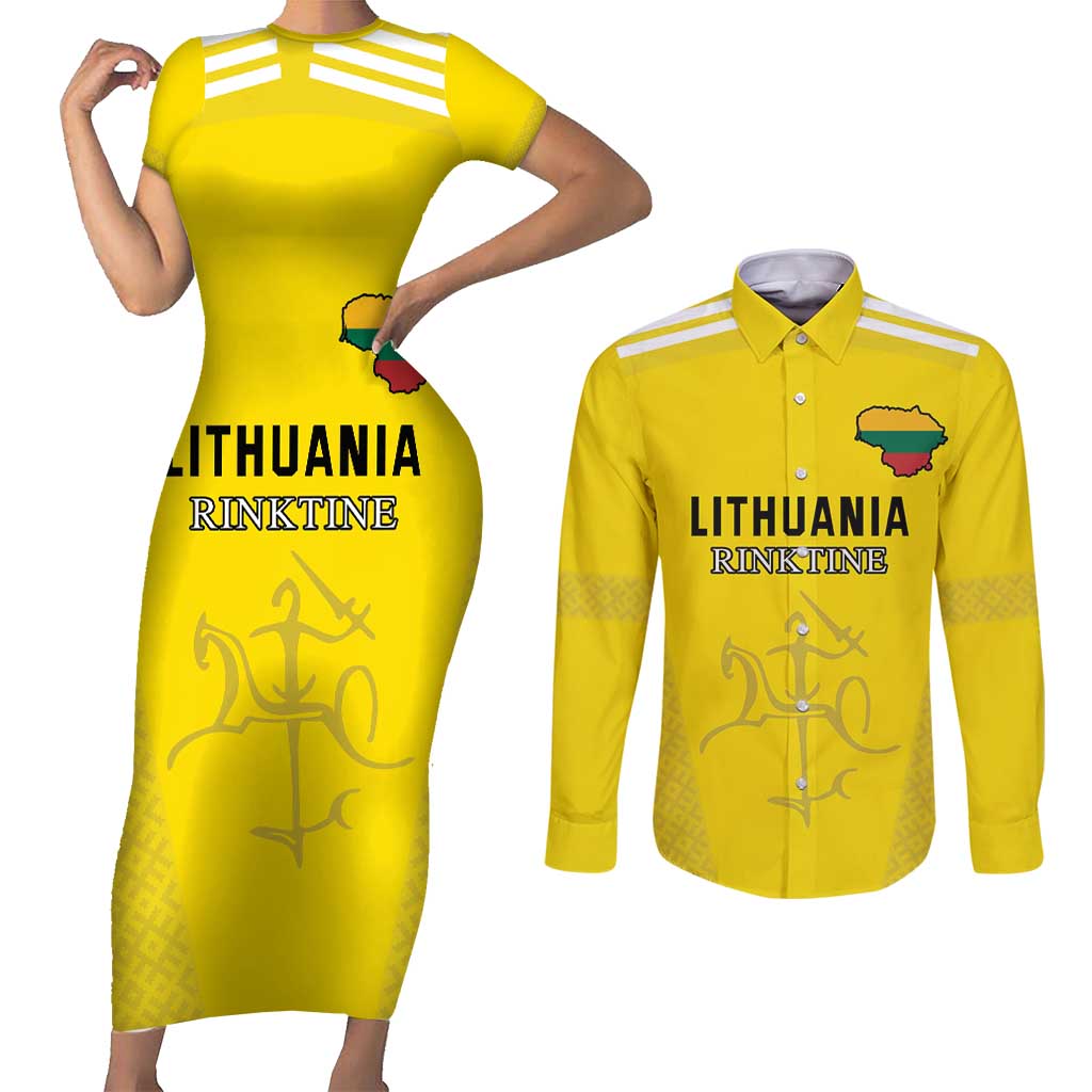 Custom Lithuania Football Couples Matching Short Sleeve Bodycon Dress and Long Sleeve Button Shirt Vytis Lithuanian Lietuva Yellow Version