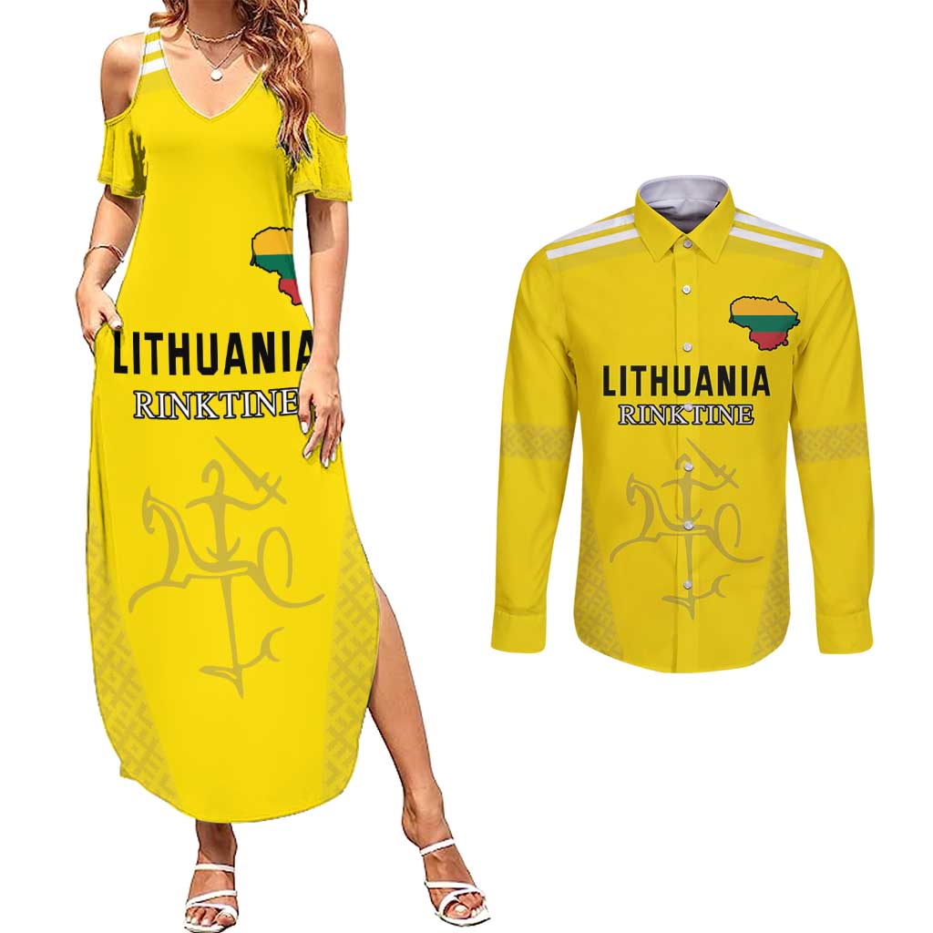 Custom Lithuania Football Couples Matching Summer Maxi Dress and Long Sleeve Button Shirt Vytis Lithuanian Lietuva Yellow Version