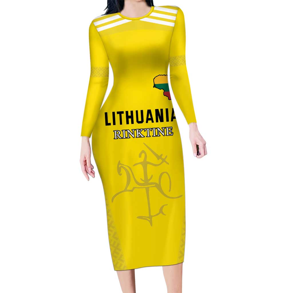 Custom Lithuania Football Long Sleeve Bodycon Dress Vytis Lithuanian Lietuva Yellow Version