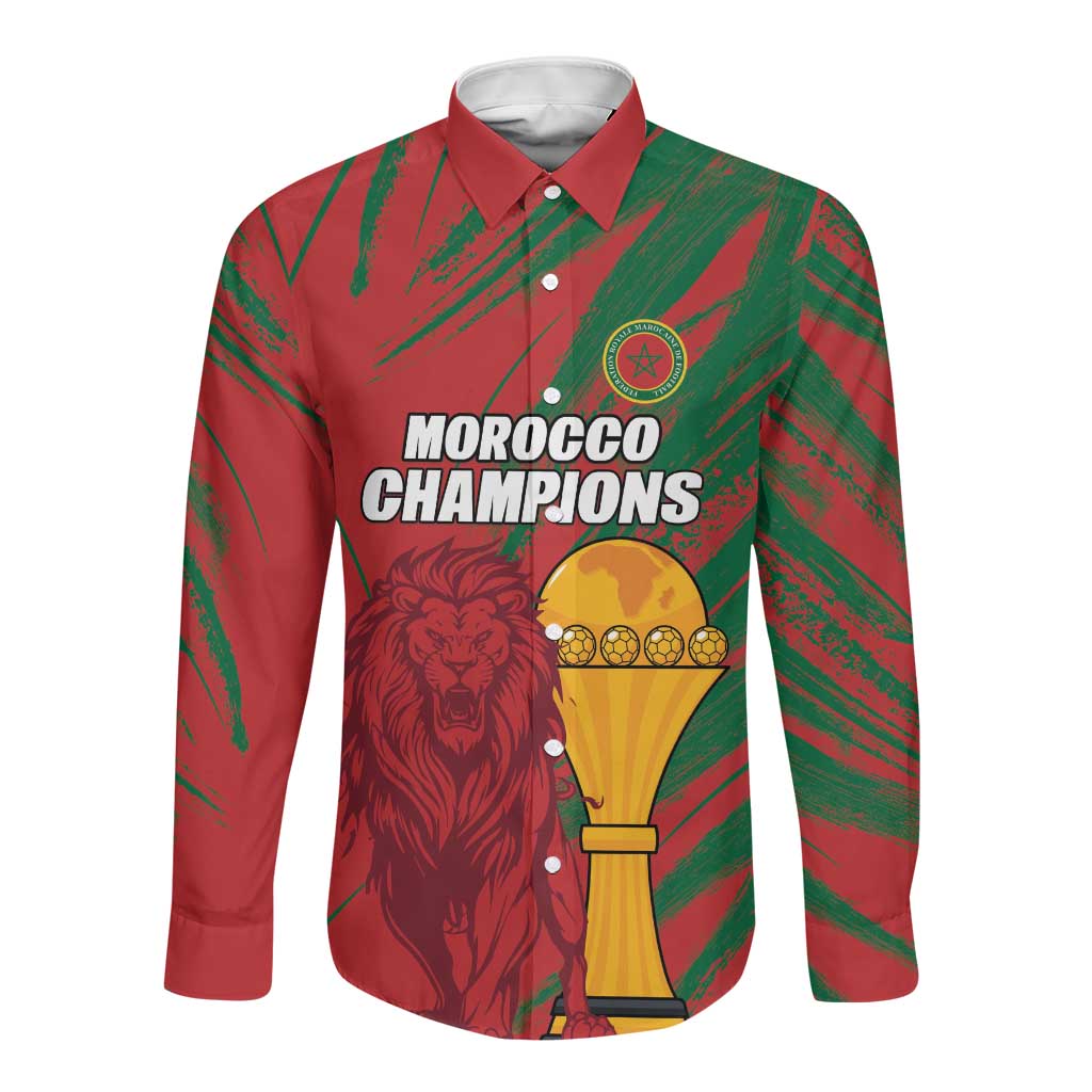 Custom Morocco Champions Football Long Sleeve Button Shirt Atlas Lions Grunge Motif