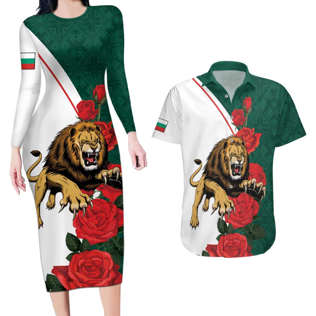 Bulgaria Lion Couples Matching Long Sleeve Bodycon Dress and Hawaiian Shirt Folk Patterns With Rose