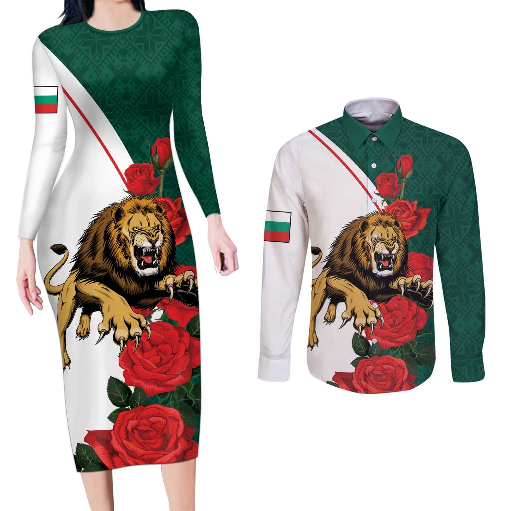 Bulgaria Lion Couples Matching Long Sleeve Bodycon Dress and Long Sleeve Button Shirt Folk Patterns With Rose