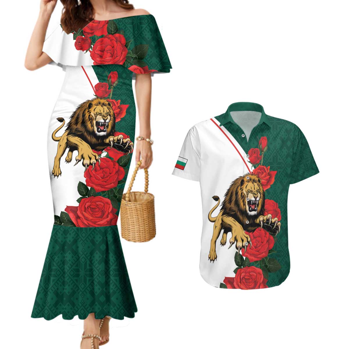 Bulgaria Lion Couples Matching Mermaid Dress and Hawaiian Shirt Folk Patterns With Rose