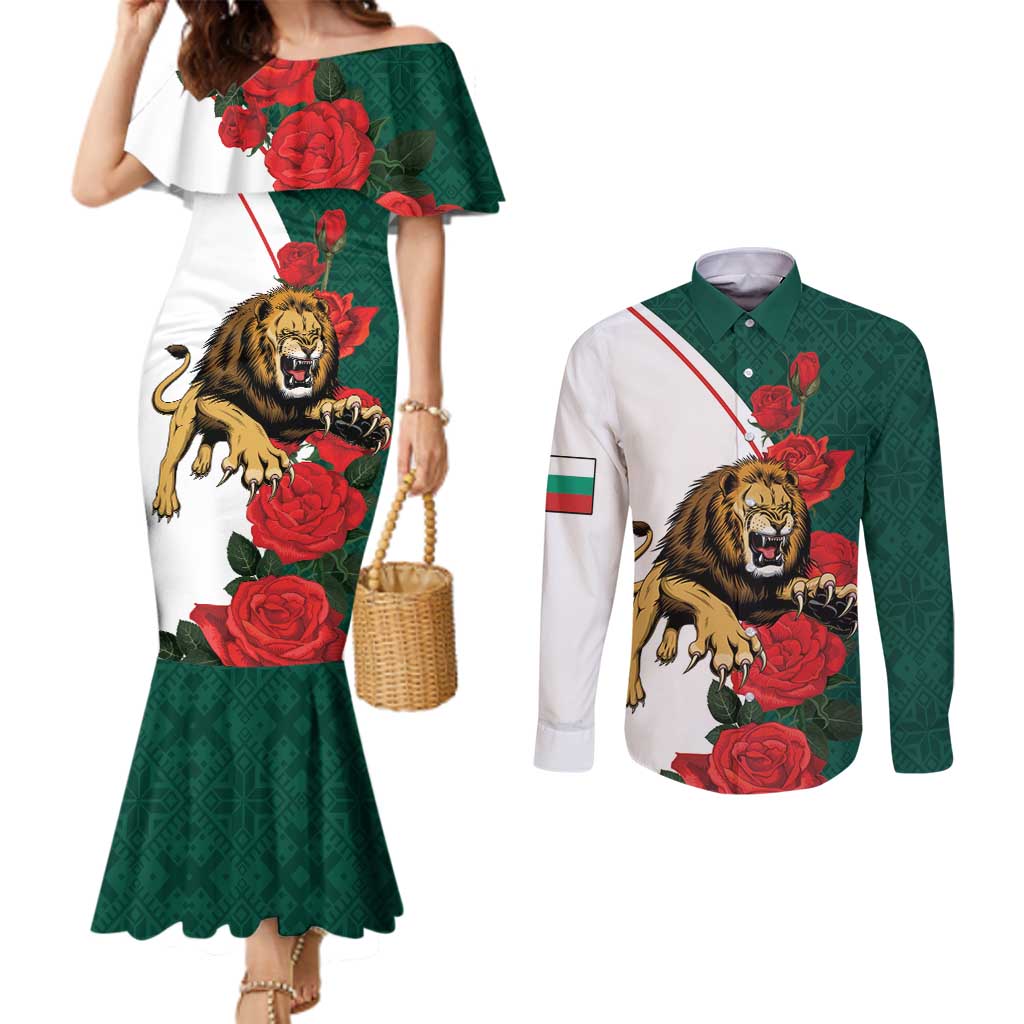 Bulgaria Lion Couples Matching Mermaid Dress and Long Sleeve Button Shirt Folk Patterns With Rose