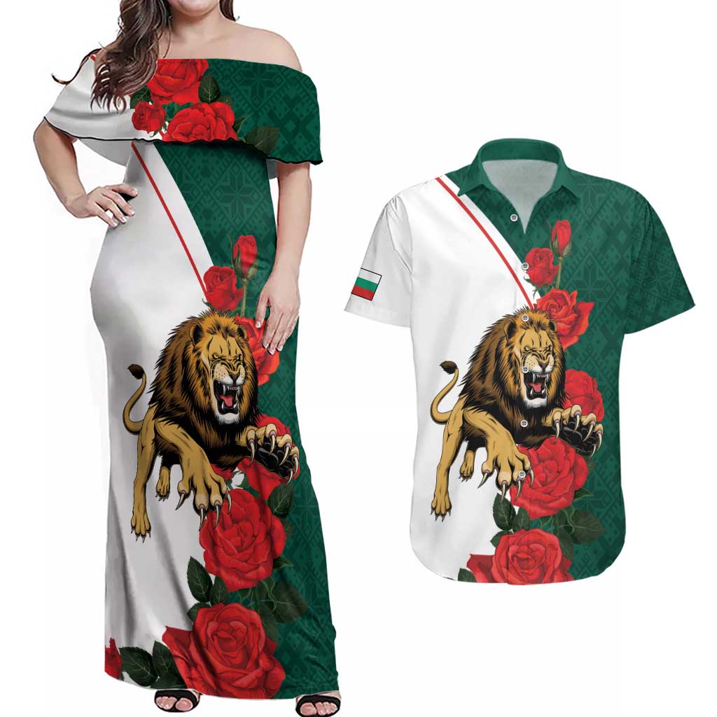 Bulgaria Lion Couples Matching Off Shoulder Maxi Dress and Hawaiian Shirt Folk Patterns With Rose