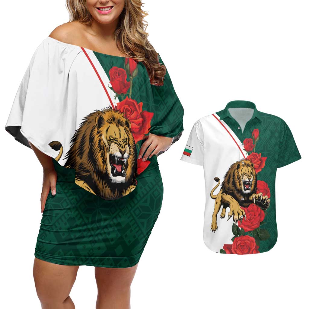 Bulgaria Lion Couples Matching Off Shoulder Short Dress and Hawaiian Shirt Folk Patterns With Rose