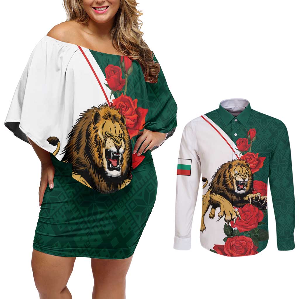 Bulgaria Lion Couples Matching Off Shoulder Short Dress and Long Sleeve Button Shirt Folk Patterns With Rose