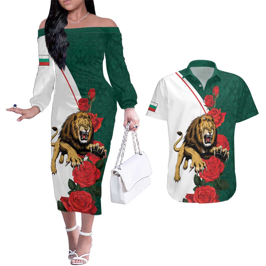 Bulgaria Lion Couples Matching Off The Shoulder Long Sleeve Dress and Hawaiian Shirt Folk Patterns With Rose