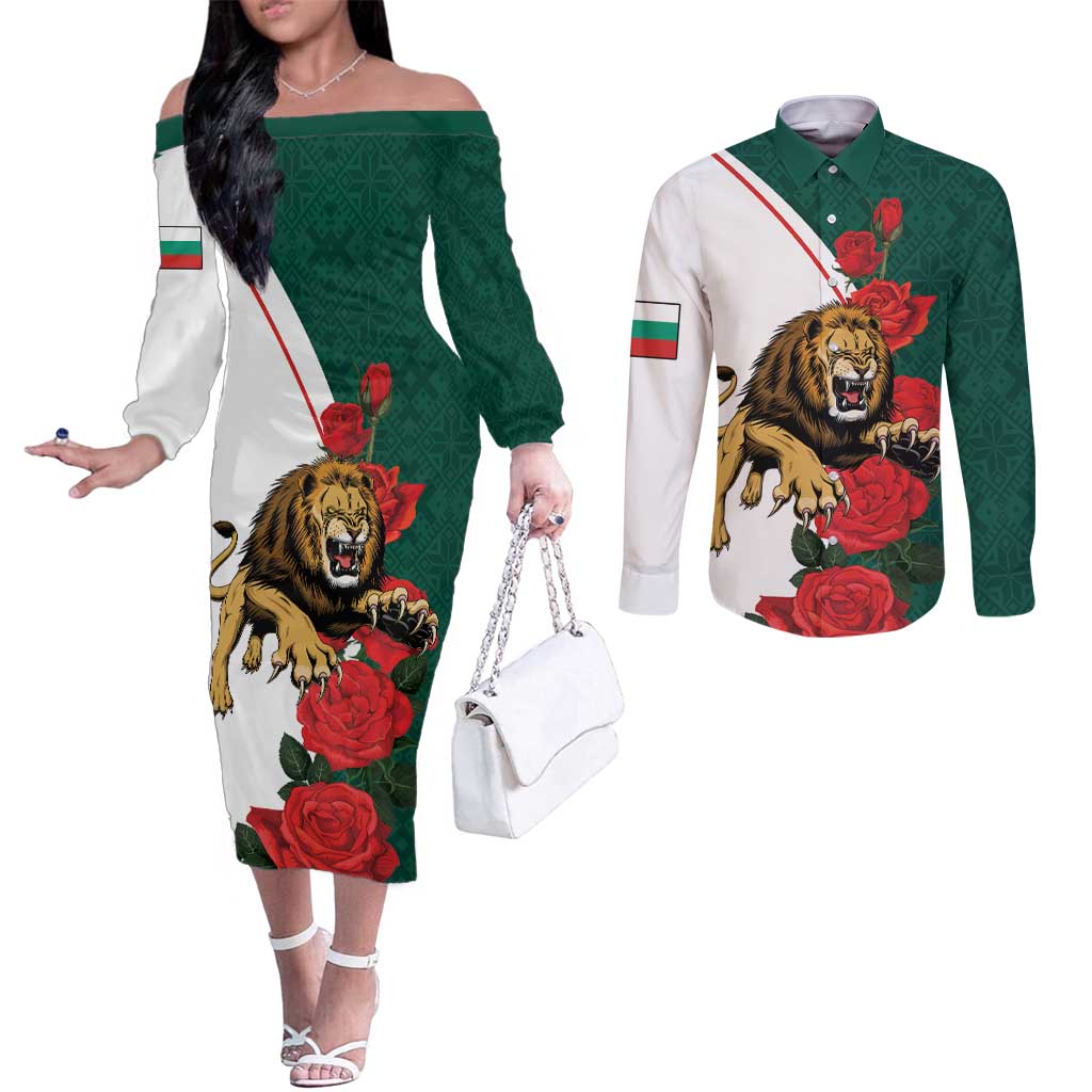 Bulgaria Lion Couples Matching Off The Shoulder Long Sleeve Dress and Long Sleeve Button Shirt Folk Patterns With Rose