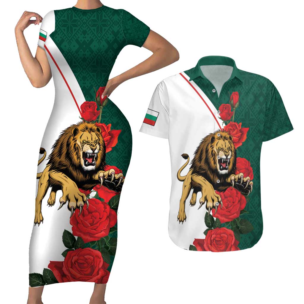 Bulgaria Lion Couples Matching Short Sleeve Bodycon Dress and Hawaiian Shirt Folk Patterns With Rose