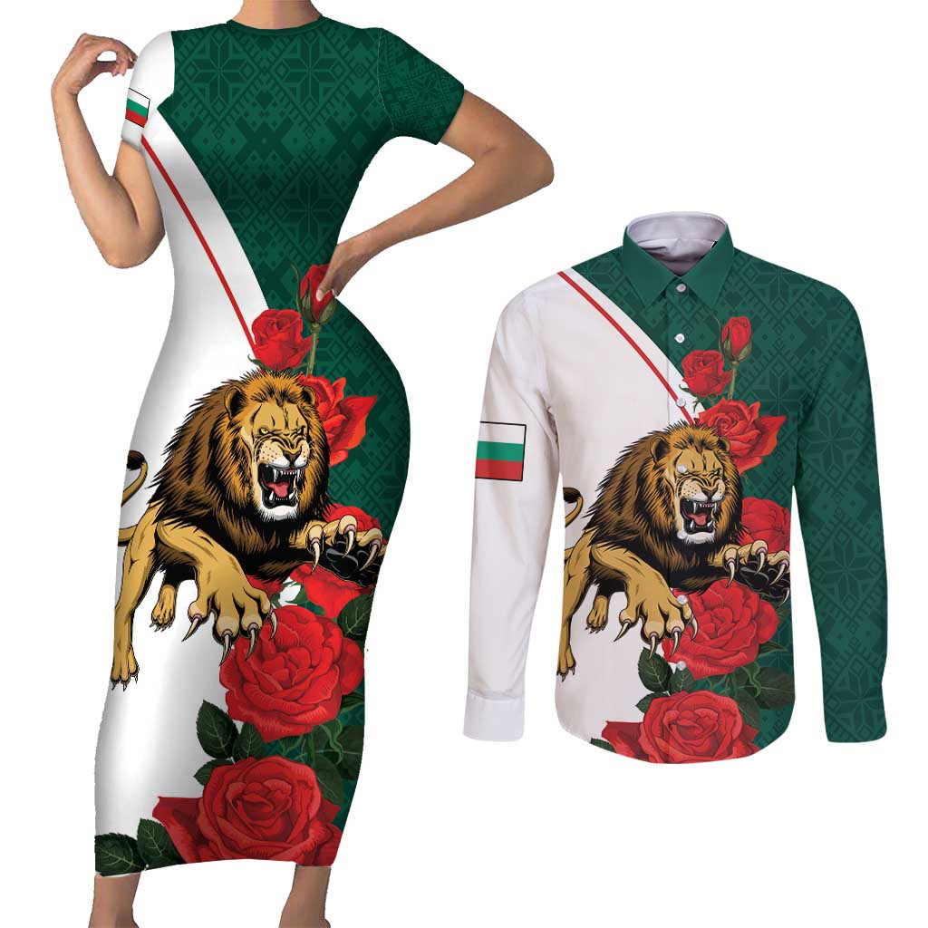 Bulgaria Lion Couples Matching Short Sleeve Bodycon Dress and Long Sleeve Button Shirt Folk Patterns With Rose