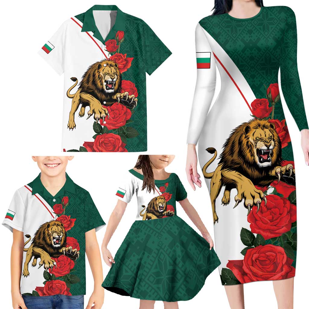 Bulgaria Lion Family Matching Long Sleeve Bodycon Dress and Hawaiian Shirt Folk Patterns With Rose