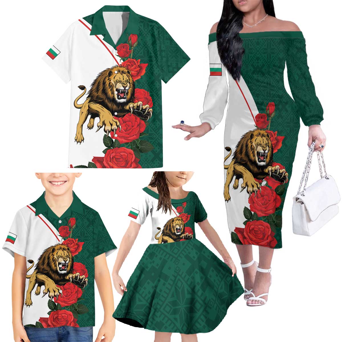 Bulgaria Lion Family Matching Off The Shoulder Long Sleeve Dress and Hawaiian Shirt Folk Patterns With Rose