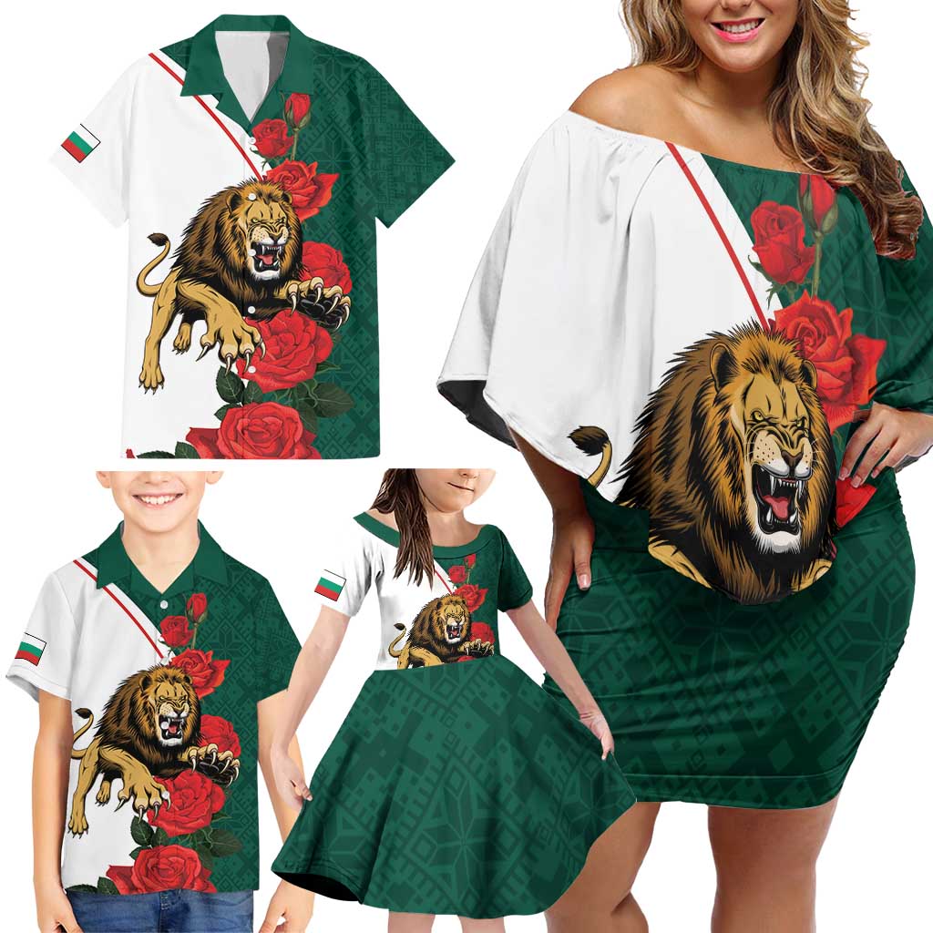 Bulgaria Lion Family Matching Off Shoulder Short Dress and Hawaiian Shirt Folk Patterns With Rose