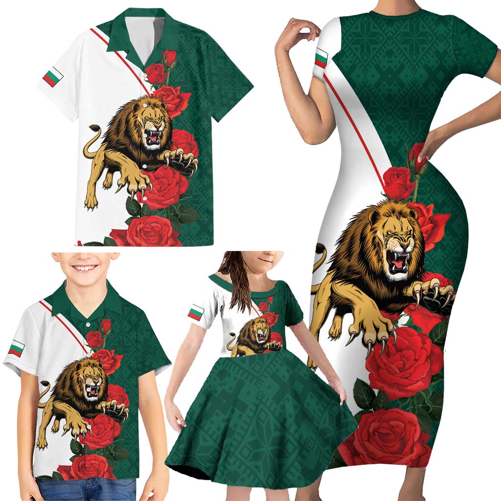 Bulgaria Lion Family Matching Short Sleeve Bodycon Dress and Hawaiian Shirt Folk Patterns With Rose