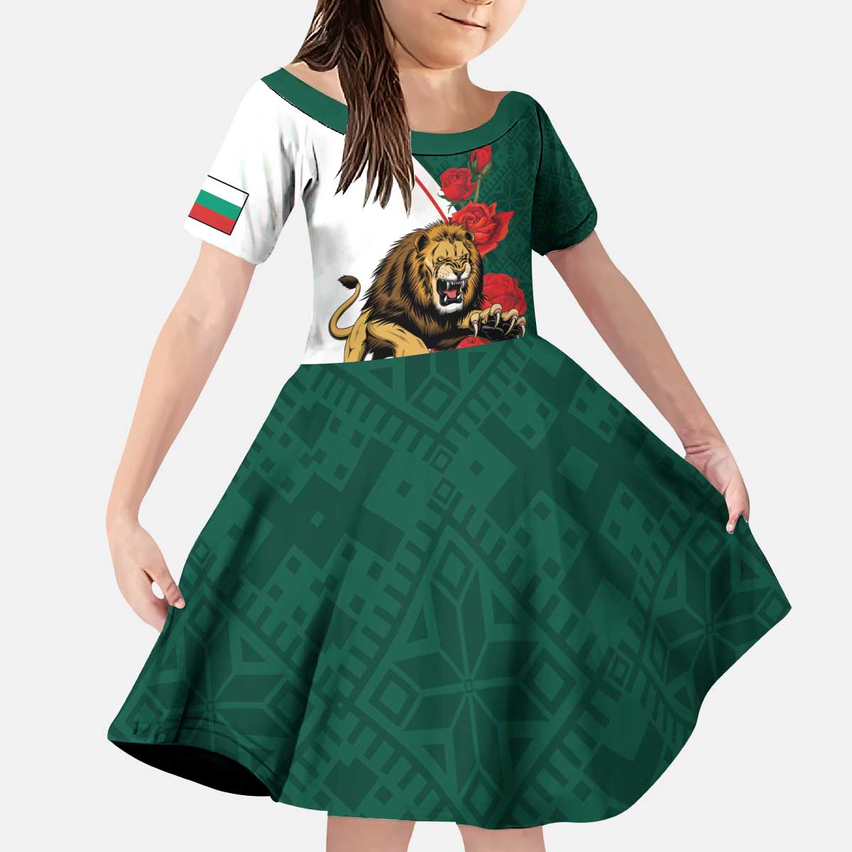 Bulgaria Lion Kid Short Sleeve Dress Folk Patterns With Rose