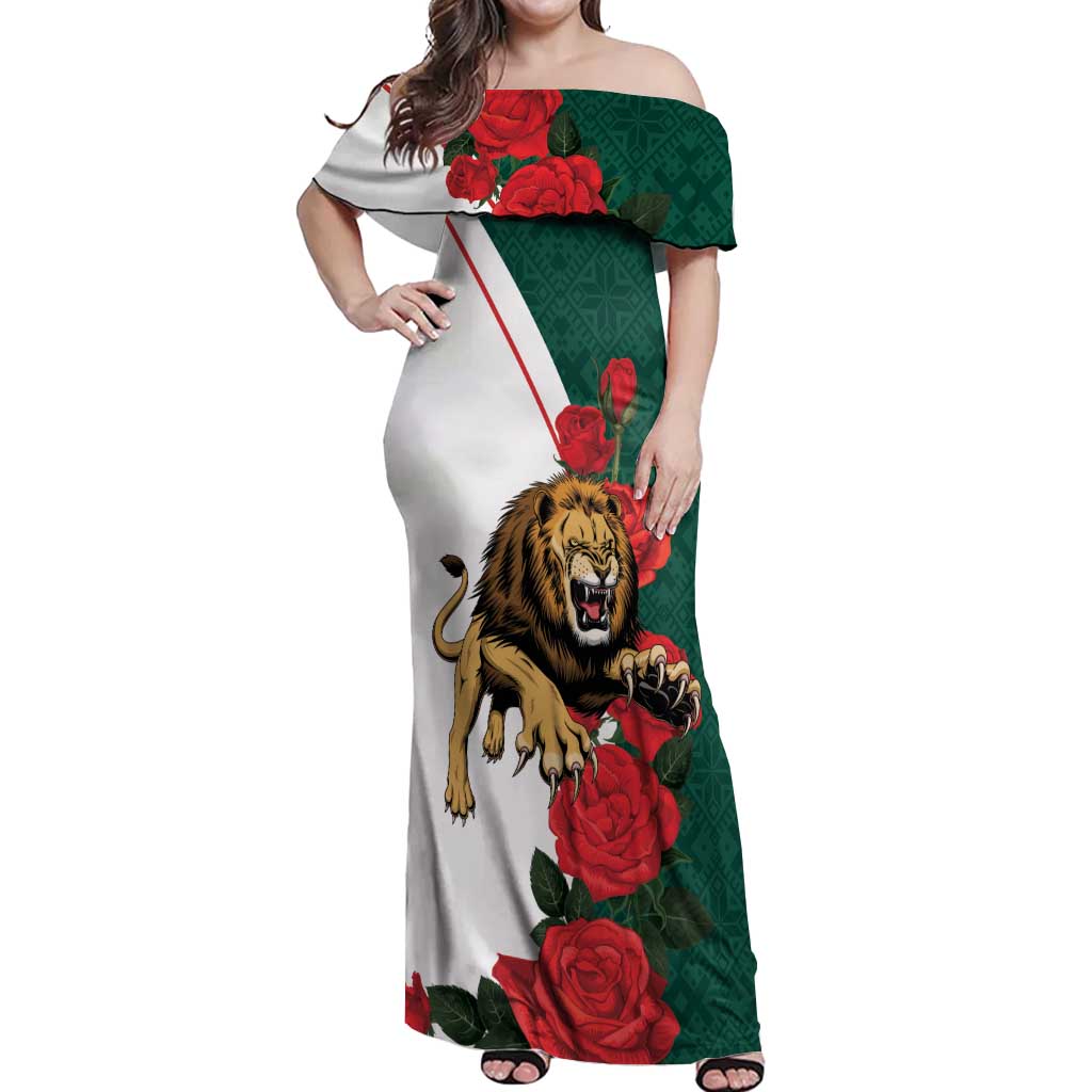 Bulgaria Lion Off Shoulder Maxi Dress Folk Patterns With Rose